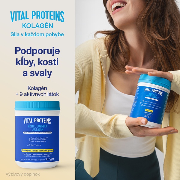 A clear, benefit-driven product advertisement featuring a supplement jar next to a happy, active individual.